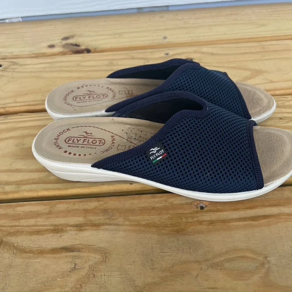 ** Flyflot Blue Mesh Slide On Low Wedge Sandals Open Toe Italy Size 9 EU 40 - Picture 2 of 9